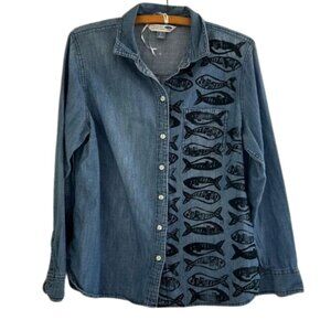 Old Navy Front Long Sleeve Relaxed Chambray Button Up Shirt Medium Wash Large